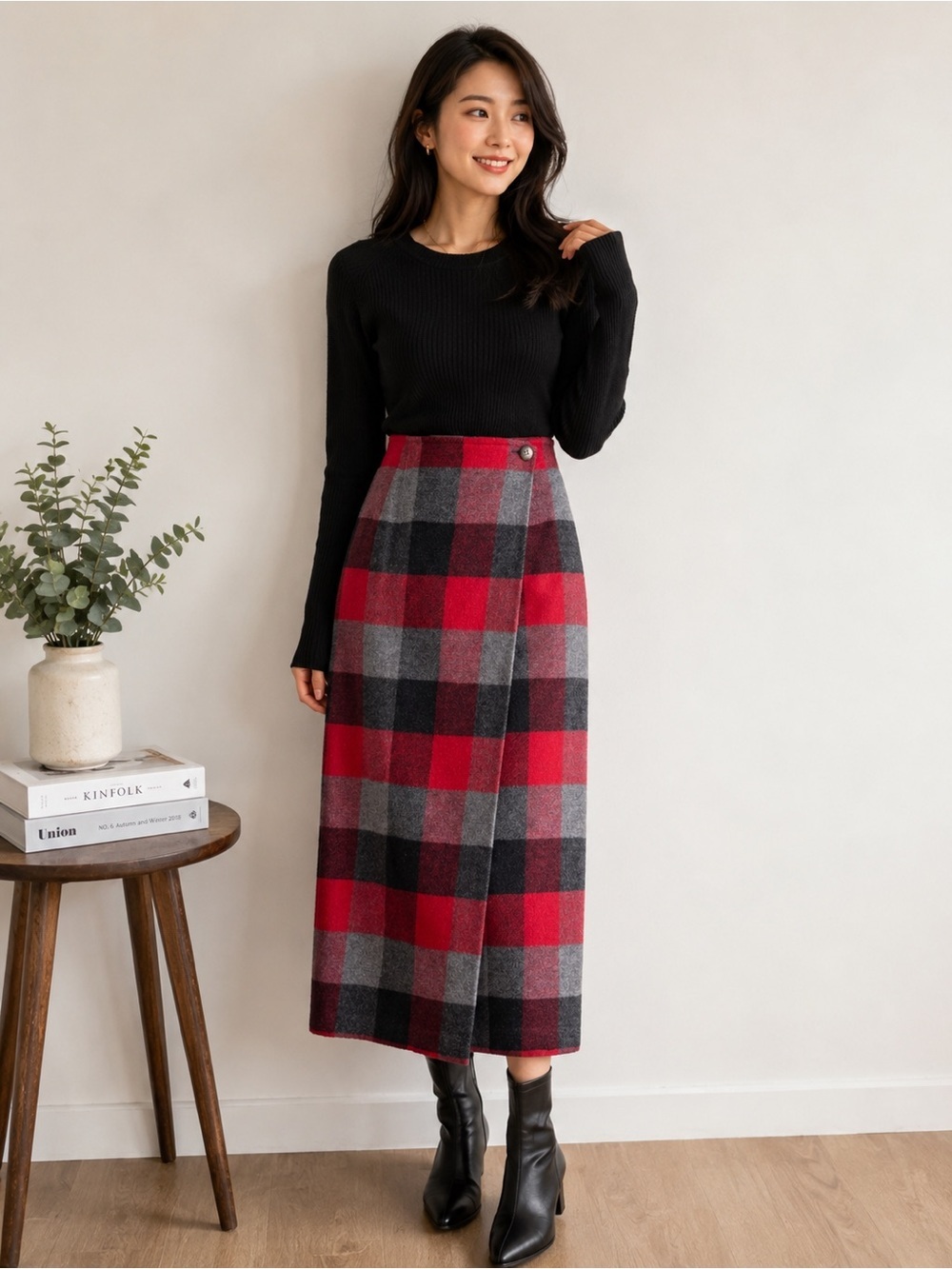 Vintage Old Navy Plaid Wool Blend Wrap Midi Skirt Size 4 Red Gray Black